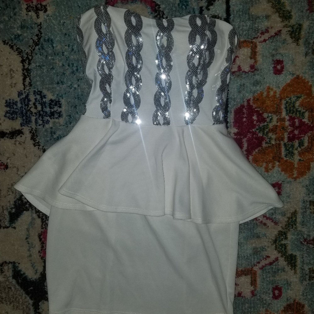 Small strapless white silver sequin peplum dress